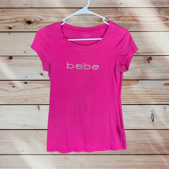 bebe Tops - Vintage Y2K Womens Hot Pink Bebe T-shirt size XS Crystals Cute
